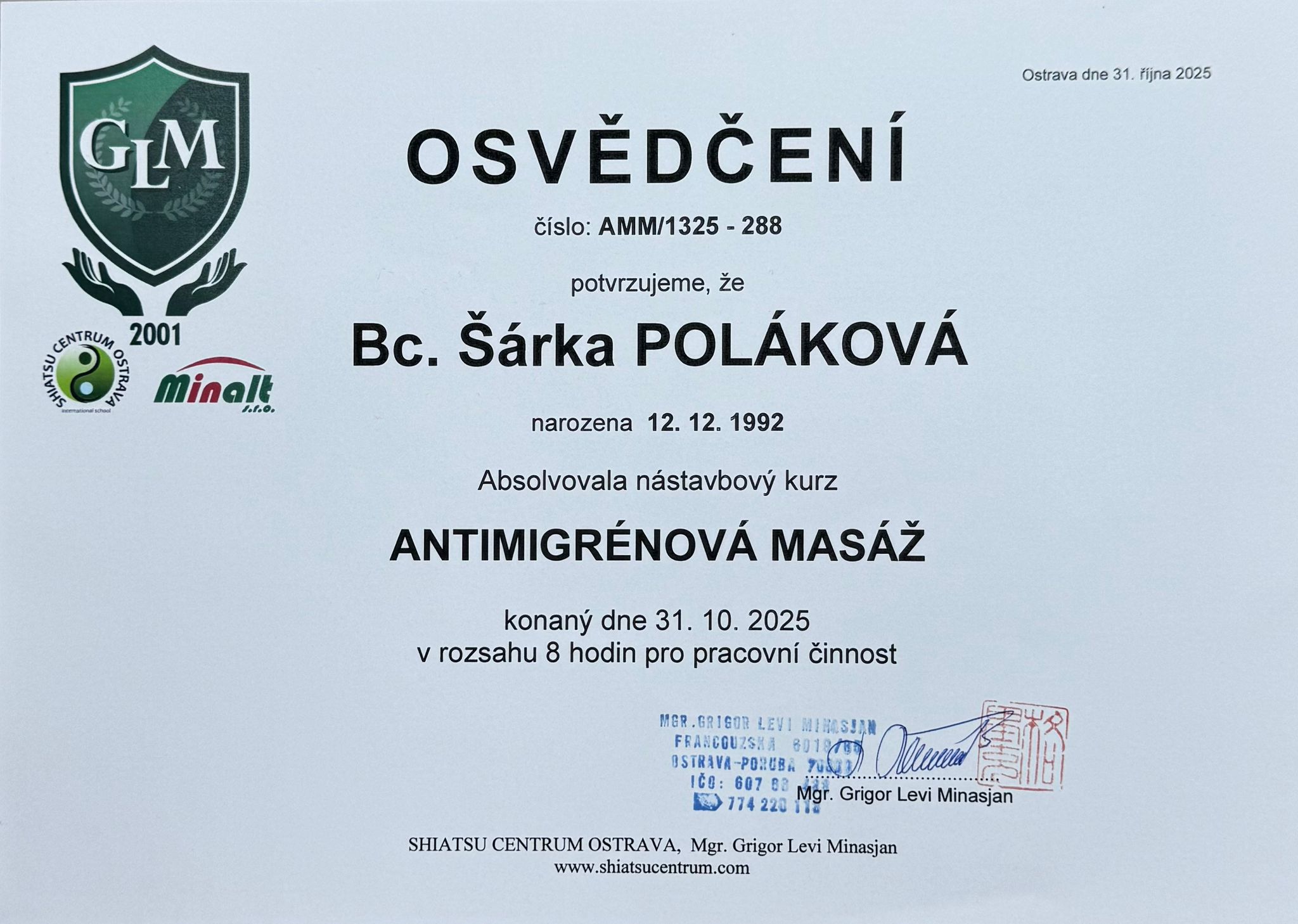 Osvědčení — Antimigrénová masáž