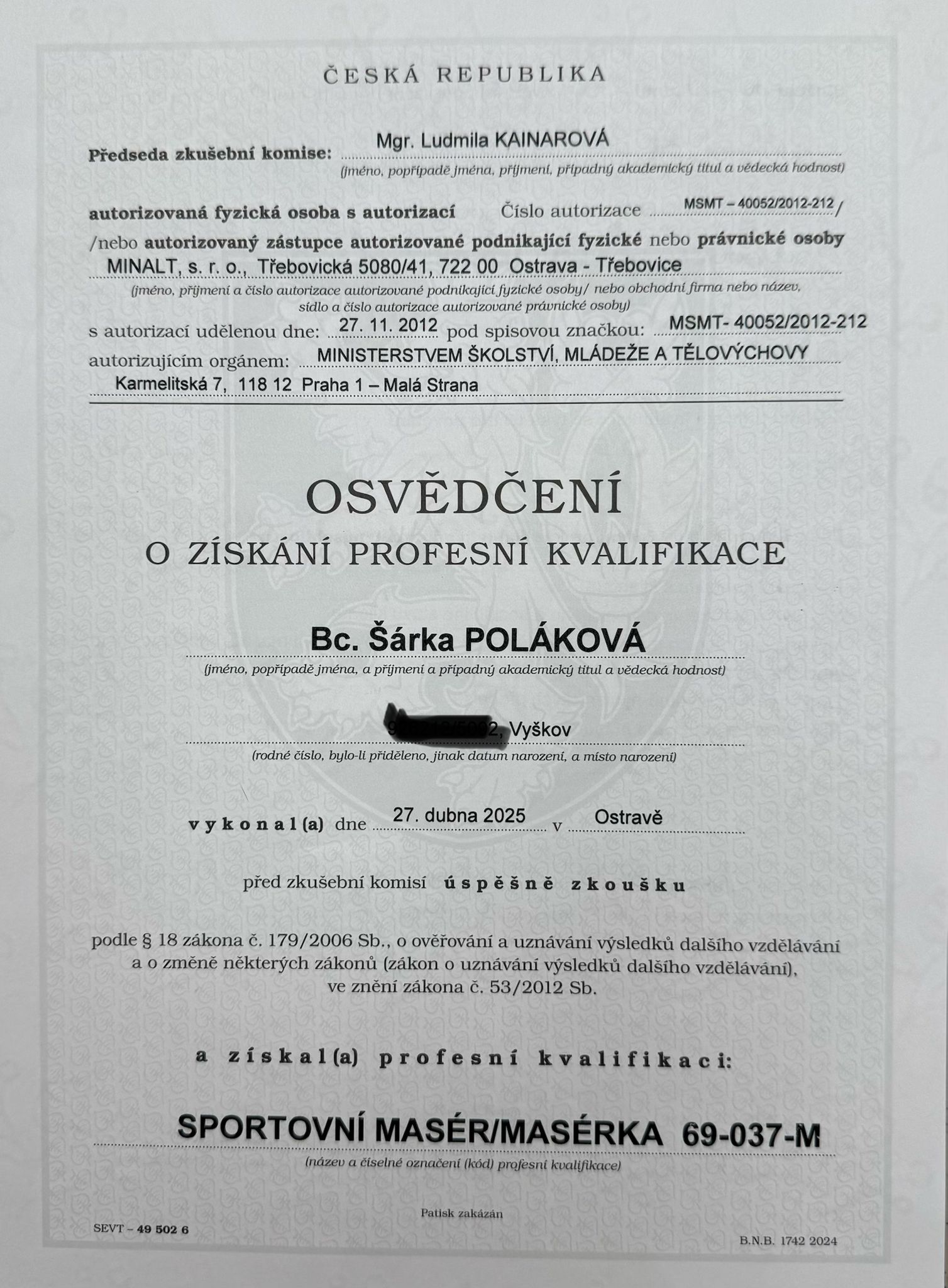 Osvědčení — Sportovní masér/masérka